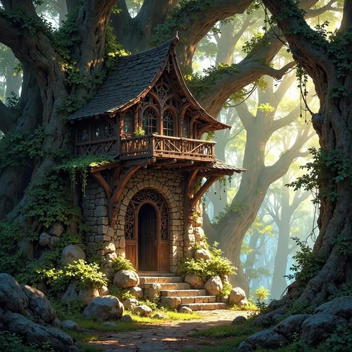 Prompt: Envision a dwelling that emerges gracefully from the heart of an ancient forest, a masterful fusion of sturdy, dark-hewn timber and rugged, unmortared stone, nestled into a natural hollow. Sunlight filters softly through the dense canopy above, casting ethereal patterns on the forest floor, while shafts of golden light illuminate the dwelling’s textured surfaces, enhancing the rich browns and deep grays of the wood and stone. Moss and creeping vines entwine around the structure, as if nature itself is embracing this serene sanctuary. The air is thick with the scent of damp earth and the distant sounds of rustling leaves create a gentle symphony. Consider framing this enchanting scene with cinematic lighting to evoke a sense of tranquility and hidden magic.