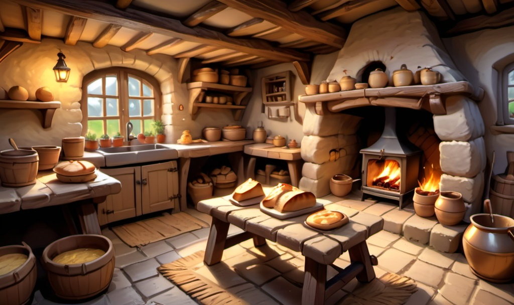 Prompt: inside of a thatched roof old french cottage, single open fire place at the back, kitchen at the side, cosy chair at the back, rug on the floor, freshly baked breads, cheeses and small pots of honey on the shelves, in the mediam of cartoon disney style


