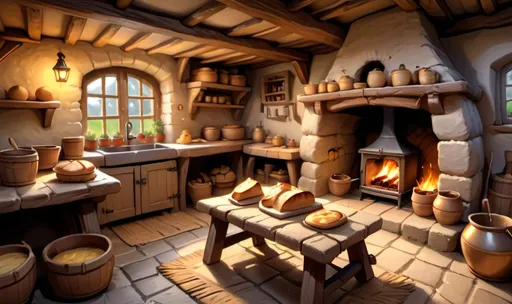 Prompt: inside of a thatched roof old french cottage, single open fire place at the back, kitchen at the side, cosy chair at the back, rug on the floor, freshly baked breads, cheeses and small pots of honey on the shelves, in the mediam of cartoon disney style


