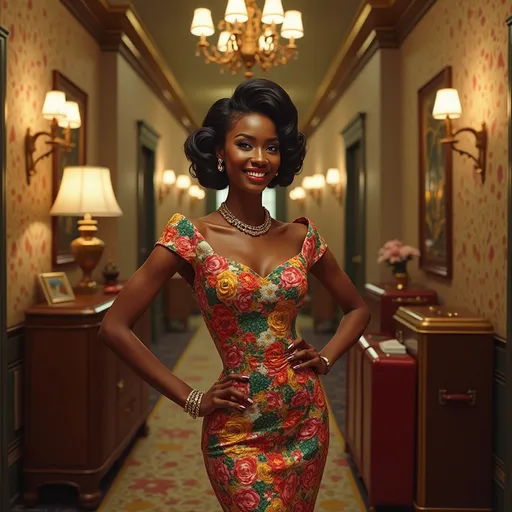 Prompt: a stunning stylish black woman of the 50's in a colorful dress with flowers on it is standing in a hallway with luggage and a suitcase behind her, Edwin Georgi, kitsch movement, fashion photography, a photorealistic painting