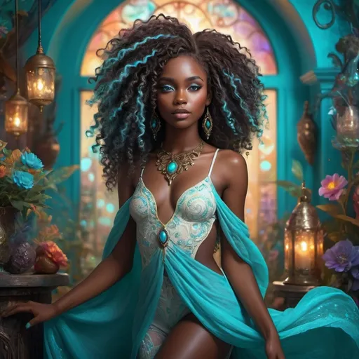 Prompt: (beautiful young black woman), full body, vibrant fantasy style, dark chocolate skin, luxurious white curly/coily hair, striking turquoise eyes, magical atmosphere, enchanting light, whimsical background filled with fantastical elements, lush colors, dreamy vibe, high depth, ultra-detailed, captivating and imaginative composition.