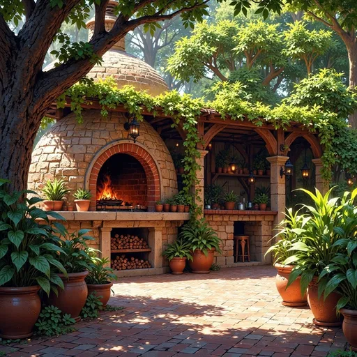 Prompt: Surrounded by vibrant greenery, this charming outdoor kitchen features a rustic brick oven, its rounded top inviting warmth and flavor. Lush plants flourish in terracotta pots, adding splashes of life against the aged brick pathway that leads to the oven and a wooden countertop. Sunlight filters through the trees, enhancing the earthy tones and creating a serene ambiance that's ideal for gathering and cooking. The scene evokes a sense of coziness and culinary adventure, suggesting moments filled with laughter and the satisfying aroma of baked goods or grilled meals. This picturesque corner of nature harmoniously merges functionality with the beauty of outdoor living.