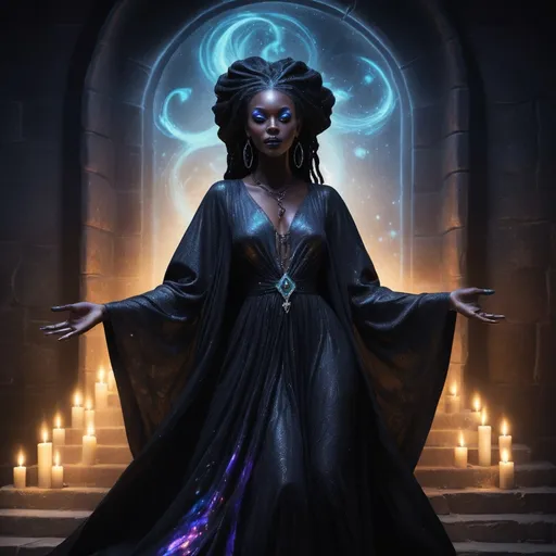 Prompt: Visualize a beautiful black witch, her skin glowing like polished obsidian, stepping gracefully through a shimmering, iridescent portal in her dimly lit basement. The air around her crackles with the energy of magic, dust motes illuminated by the flickering light of enchanted candles lining the stone walls. She wears an elegantly flowing robe adorned with celestial patterns, swirling with shades of midnight blue and silver. Her hair cascades down her shoulders like a waterfall of curls, framing her face, which is set with a confident yet serene expression. The basement itself is filled with arcane artifacts and potion vials, casting shadows that dance in the warm light. Outside the portal, a twilight sky hints at a magical realm, suffusing the scene with an otherworldly glow. This ethereal moment is captured in a dark fantasy concept art style, rich with detail and atmospheric depth.