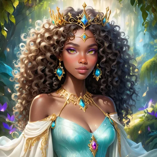 Prompt: (beautiful young black woman), vibrant fantasy style, full body, dark chocolate skin, luxurious white curly/coily hair, striking gold eyes, a crown, magical atmosphere, enchanting light, whimsical background filled with fantastical elements, lush colors, dreamy vibe, high depth, ultra-detailed, captivating and imaginative composition.