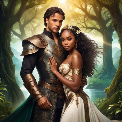 Prompt: A romantic fantasy novel cover featuring a handsome man with noble features and a confident expression, gently holding a stunning Black woman with radiant skin and a graceful pose. They stand amidst a breathtaking, enchanted landscape with glowing flora and mystical light filtering through ancient, towering trees. Both are dressed in intricate fantasy outfits: the man in elegant armor with ornate engravings, the woman in flowing, shimmering robes adorned with delicate gemstones and feathered accents. Soft, magical illumination surrounds them, creating a warm and enchanting atmosphere filled with wonder and intimacy. Rendered in cinematic lighting, photorealistic style with a touch of Dreamy watercolor illustration to evoke fantasy romance and magical allure.