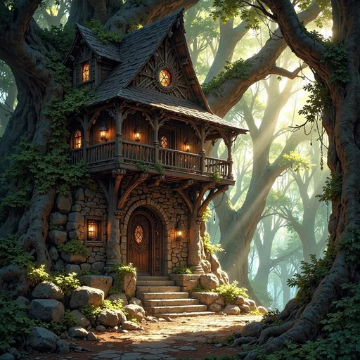 Prompt: Envision a dwelling that emerges gracefully from the heart of an ancient forest, a masterful fusion of sturdy, dark-hewn timber and rugged, unmortared stone, nestled into a baae of a moss-covered granite cliff. Sunlight filters softly through the dense canopy above, casting ethereal patterns on the forest floor, while shafts of golden light illuminate the dwelling’s textured surfaces, enhancing the rich browns and deep grays of the wood and stone. Moss and creeping vines entwine around the structure, as if nature itself is embracing this serene sanctuary. The air is thick with the scent of damp earth and the distant sounds of rustling leaves create a gentle symphony. Consider framing this enchanting scene with cinematic lighting to evoke a sense of tranquility and hidden magic.