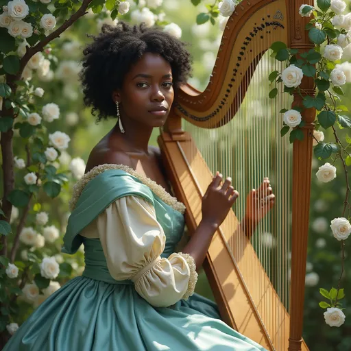Prompt: A young Black noblewoman dressed in a Regency-era elegant silk gown of shimmering aqua and cream, seated gracefully in a lush, sunlit garden. Soft, dappled sunlight filters through blooming jasmine vines, casting a gentle glow on her poised figure. Her serene expression reflects deep concentration as she delicately plucks the strings of a vintage harp, surrounded by delicate white roses and whispering greenery. The scene exudes a tranquil, romantic ambiance with a touch of historical refinement, rendered in a dreamy, painterly style that emphasizes the richness of the textures and the elegance of the moment.