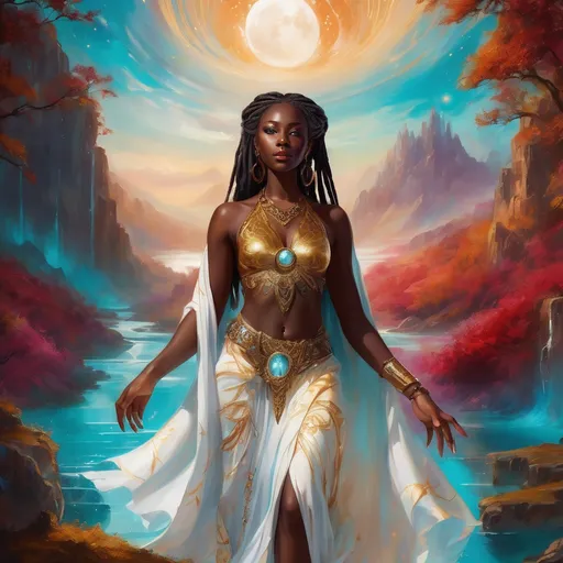 Prompt: A stunning young Black woman with an ethereal face of dark chocolate skin and luxurious white dread locs stands gracefully amidst a vibrant fantasy landscape. Her striking gold eyes shimmer with enchantment, reflecting a soft, magical glow. She is depicted in full body wearing a white, red and turquoise gown & robes with gold embroidery and shimmering moonstone jewelry, surrounded by whimsical, fantastical elements such as glowing flora, shimmering crystals, and floating orbs, all bathed in enchanting, luminous light. The scene exudes a dreamy, otherworldly atmosphere with lush, saturated colors, intricate details, and a sense of high depth, creating a captivating and imaginative composition. Style inspired by dreamy watercolor illustrations with cinematic lighting, photorealistic details, and a whimsical, magical vibe.