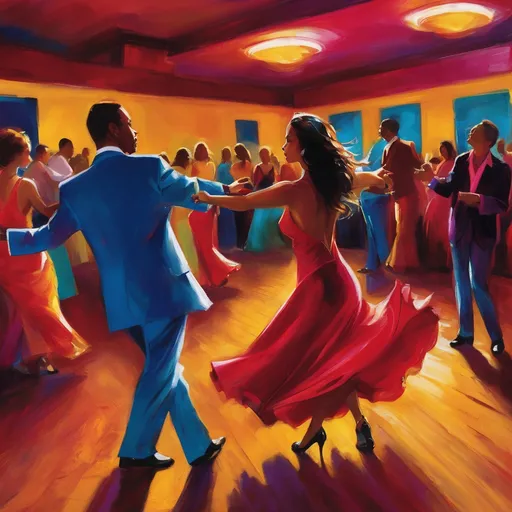 Prompt: Couples dancing in a Latin dance club. Women wearing dresses of different colors.