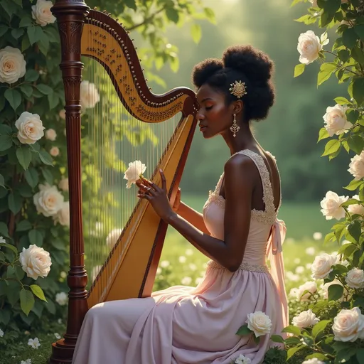 Prompt: A young Black noblewoman dressed in a vintage elegant silk gown of shimmering lavender and cream, seated gracefully in a lush, sunlit garden. Soft, dappled sunlight filters through blooming jasmine vines, casting a gentle glow on her poised figure. Her serene expression reflects deep concentration as she delicately plucks the strings of a vintage harp, surrounded by delicate white roses and whispering greenery. The scene exudes a tranquil, romantic ambiance with a touch of historical refinement, rendered in a dreamy, painterly style that emphasizes the richness of the textures and the elegance of the moment.