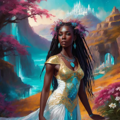 Prompt: A stunning young Black woman with an ethereal face of dark chocolate skin and luxurious white dread locs stands gracefully amidst a vibrant fantasy landscape. Her striking turquoise eyes shimmer with enchantment, reflecting a soft, magical glow. She is depicted in full body  wearing a white and turquoise gown with gold embroidery, surrounded by whimsical, fantastical elements such as glowing flora, shimmering crystals, and floating orbs, all bathed in enchanting, luminous light. The scene exudes a dreamy, otherworldly atmosphere with lush, saturated colors, intricate details, and a sense of high depth, creating a captivating and imaginative composition. Style inspired by dreamy watercolor illustrations with cinematic lighting, photorealistic details, and a whimsical, magical vibe.