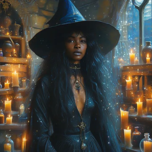 Prompt: Visualize a beautiful black witch, her skin glowing like polished obsidian, stepping gracefully through a shimmering, iridescent portal in her dimly lit basement. The air around her crackles with the energy of magic, dust motes illuminated by the flickering light of enchanted candles lining the stone walls. She wears an elegantly flowing robe adorned with celestial patterns, swirling with shades of midnight blue and silver. Her hair cascades down her shoulders like a waterfall of locs, framing her face, which is set with a confident yet serene expression. The basement itself is filled with arcane artifacts and potion vials, casting shadows that dance in the warm light. Outside the portal, a twilight sky hints at a magical realm, suffusing the scene with an otherworldly glow. This ethereal moment is captured in a dark fantasy concept art style, rich with detail and atmospheric depth.