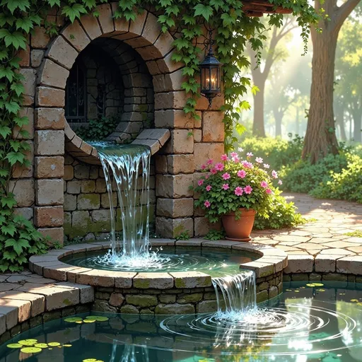 Prompt: A serene scene unfolds as clear water cascades gently from a stone spout, creating ripples in the still surface of a shallow basin below. The rustic charm of the weathered stone wall is complemented by vibrant green vines climbing alongside, while a burst of color from a potted flowering plant adds warmth to the setting. Sunlight filters through the foliage, casting dappled patterns on the smooth edges of the stone structure, hinting at a tranquil afternoon. The overall atmosphere exudes relaxation and natural beauty, reminiscent of a peaceful garden retreat, inviting one to pause and enjoy the soothing sounds of flowing water.