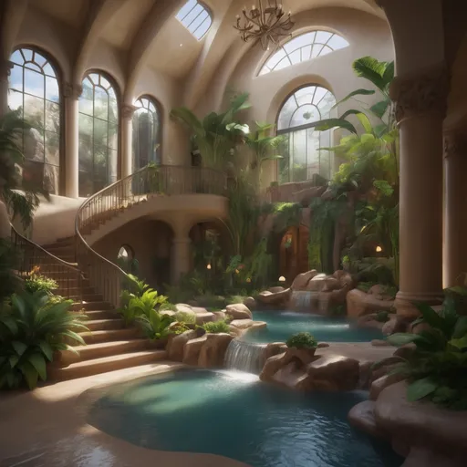 Prompt: A lush, inviting atrium unfolds before you, featuring multiple cascading waterfalls that flow over natural rock formations into a tranquil pool. Sunlight filters through expansive arched windows, illuminating the warm earthy tones of the stucco walls and the intricately designed railings that grace the winding staircase. Verdant plants thrive throughout the space, adding vibrant greenery to the rustic decor, while elegant chandeliers cast a soft glow that enhances the serene atmosphere. The combination of water sounds and rich textures creates a peaceful sanctuary that feels both luxurious and harmonious with nature, inviting exploration and relaxation.