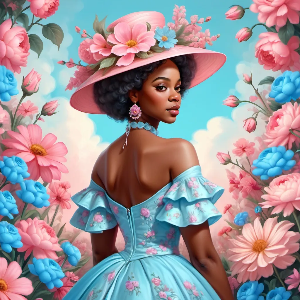 Prompt: a medium quality digital painting of a (Portrait) black woman in (exquisite) dress and hat in baby blue and pink, surrounded by flowers, vintage style, bright colors, soft light, surrealism, rear view, detailed, art, floral design, woman portrait , close-up, colorful, digital art, 4k.