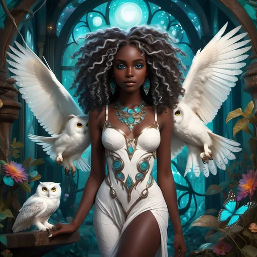 Prompt: (beautiful young black woman), full body, vibrant fantasy style, dark chocolate skin, luxurious white curly/coily hair, striking turquoise eyes, pet white owl, magical atmosphere, enchanting light, whimsical background filled with fantastical elements, lush colors, dreamy vibe, high depth, ultra-detailed, captivating and imaginative composition.