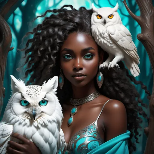 Prompt: (beautiful young black woman), full body, vibrant fantasy style, dark chocolate skin, luxurious white curly/coily hair, striking turquoise eyes, pet white owl, pet black wolf, magical atmosphere, enchanting light, whimsical background filled with fantastical elements, lush colors, dreamy vibe, high depth, ultra-detailed, captivating and imaginative composition.