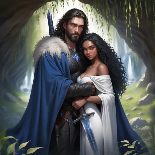 Prompt: In a mystical world, a tall rugged handsome white man with long black hair and beard and deep blue eyes stands watchfully with sword in hand as he guards his beautiful black lover with deep brown skin and mass of curly hair as she sleeps cover by his cloak. They hide in a cave covered by willow trees. 