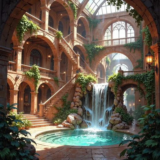 Prompt: A lush, inviting atrium unfolds before you, featuring multiple cascading waterfalls that flow over natural rock formations into a tranquil pool. Sunlight filters through expansive arched windows, illuminating the warm earthy tones of the stucco walls and the intricately designed railings that grace the winding staircase. Verdant plants thrive throughout the space, adding vibrant greenery to the rustic decor, while elegant chandeliers cast a soft glow that enhances the serene atmosphere. The combination of water sounds and rich textures creates a peaceful sanctuary that feels both luxurious and harmonious with nature, inviting exploration and relaxation.
