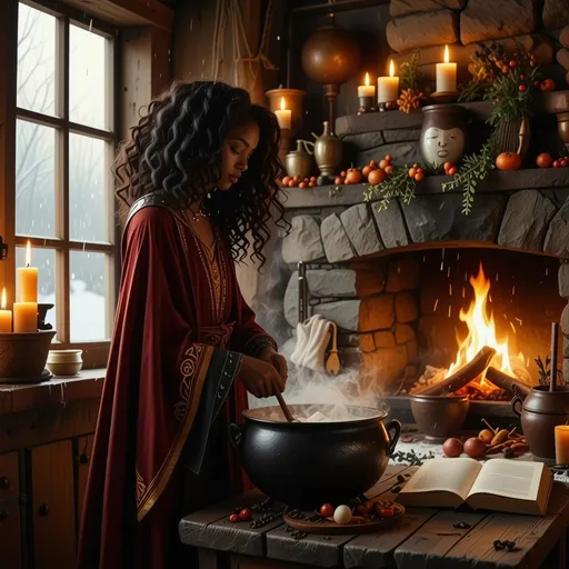 Prompt: In a cozy, dimly lit kitchen, a beautiful black witch stands gracefully by a bubbling cauldron, her long, flowing burgundy robes adorned with mystical symbols rustling softly as she stirs, the color complementing her radiant deep brown skin. The warm glow of flickering candlelight and blazing fire from the fireplace dances against the stone walls, casting enchanting shadows that animate her surroundings. Rich, earthy scents of herbs and spices fill the air, mingling with the sweetness of simmering potions. Outside the window, the moon hangs low, illuminating the gentle snowfall that blankets the world in deep tranquility and contrasting the warmth of the kitchen. A well-worn spellbook lies open on a nearby table, its pages fluttering slightly as if alive with secrets. The scene is infused with a magical realism, rendered in a cinematic lighting style that brings every detail to life.