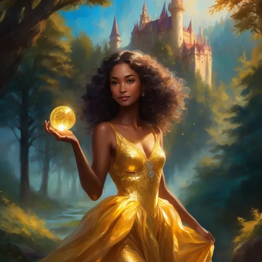 Prompt: Radiating joy and confidence, a stunning figure adorned in a flowing golden gown stands at the edge of a magical forest, her vibrant curls framing her face and catching the soft light filtering through the trees. In one hand, she delicately holds a glowing orb, hinting at her enchanting abilities, while her expression beams with warmth and wonder. Behind her, an idyllic castle rises majestically amid lush greenery and whimsical mushrooms, evoking a fairytale kingdom alive with possibility. The vivid color palette, dominated by vibrant greens and rich golds, enhances the enchanting quality of the scene, creating an atmosphere filled with magic and adventure. This moment captures a narrative of empowerment and charm, as the princess embodies grace amidst the enchanting wilderness.