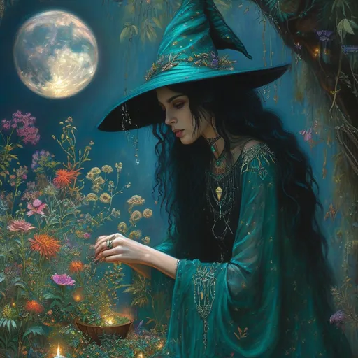 Prompt: In a mystical twilight setting, a beautiful black witch, draped in flowing emerald robes adorned with intricate silver runes, gracefully tends to her enchanting witch garden. The air is thick with the scent of herbs and blooming nocturnal flowers, their petals shimmering under the soft glow of a crescent moon. Wisps of ethereal mist curl around her as she gently gathers glistening herbs and luminous crystals, their colors vibrant against the deep indigo sky. Her expressive face, framed by cascading, dark curls, displays a serene yet determined aura, hinting at the power she wields. In the background, ancient trees bend slightly, as though paying homage to her presence. The atmosphere is imbued with a sense of magic and quiet reverence, rendered in cinematic lighting and rich, vibrant colors that capture the enchanting essence of her world.