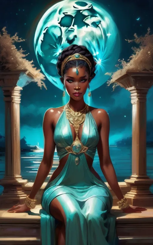Prompt: Bathed in the ethereal glow of a large, luminous moon, a regal woman sits poised at the foreground, adorned in a flowing, elegant garment in shades of serene teal that accentuates her graceful figure. Her rich, braided hair is elegantly styled, and she wears ornate jewelry that speaks of royalty, forming a striking contrast against her smooth skin. Behind her, an enchanting backdrop features towering, gothic structures draped in a mystic blue light, interspersed with lush greenery, suggesting an otherworldly realm. The composition draws the eye upwards through the archway that frames the scene, emphasizing the moon's dominance in the night sky, while the overall atmosphere conveys a sense of tranquility intertwined with mystery, as if inviting the viewer into a story of ancient lore.