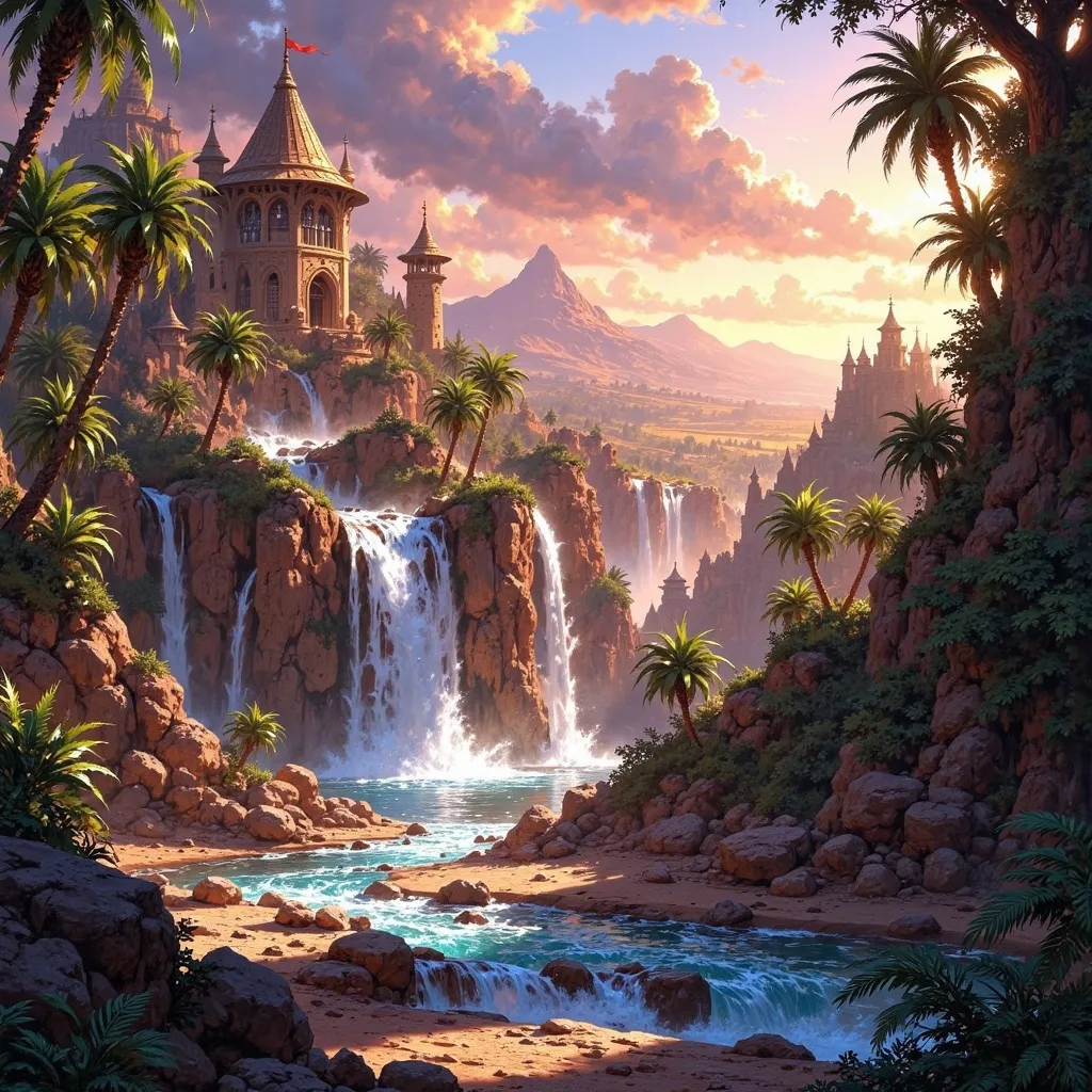 Prompt: Big kingdom, large desert oasis, water spring, waterfalls, trees, greenry, dramatic fantasy settlement scene, cinematic lighting