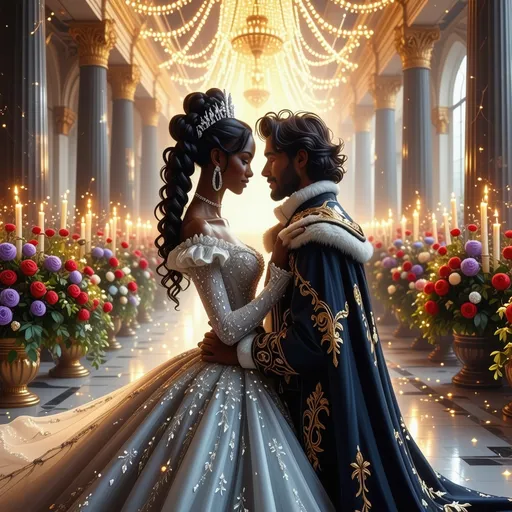 Prompt: A stunning black queen, adorned in an intricately beaded gown that shimmers like the night sky, dances gracefully with her devoted Northern King beneath a canopy of twinkling fairy lights. The atmosphere is electric, filled with warmth and joy as soft candlelight flickers around the grand hall, casting golden glows on the richly decorated walls. Surrounding them are lush floral arrangements in deep reds and purples, adding a regal touch to the scene. The queen's expression is one of serene joy, her flowing hair glowing against the gentle flames. The king, with his dark hair and beard and dressed in an elegant fur-lined cloak, gazes at her adoringly, their movements synchronized as if they are the very embodiment of love and unity. The scene is captured in a cinematic, fantastical and romantic style, emphasizing the deep emotions of this magical moment.