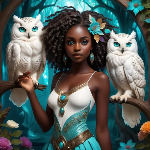 Prompt: (beautiful young black woman), full body, vibrant fantasy style, dark chocolate skin, luxurious white curly/coily hair, striking turquoise eyes, pet white owl, magical atmosphere, enchanting light, whimsical background filled with fantastical elements, lush colors, dreamy vibe, high depth, ultra-detailed, captivating and imaginative composition.