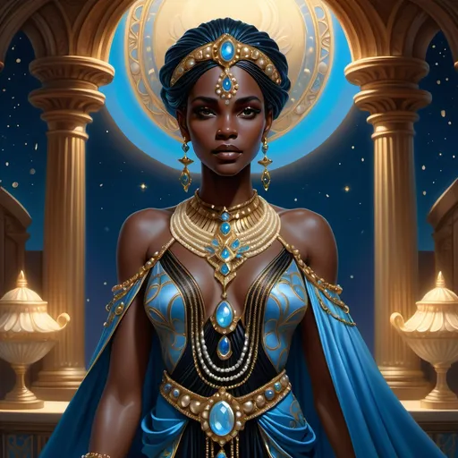 Prompt: A regal dark brown-skinned Black woman stands gracefully at the center of a mystical, moonlit setting. Adorned in cerulean blue opulent Seleucid-inspired attire, her ornate clothing drapes elegantly around her, shimmering with intricate embroidery. Lustrous pearls and vibrant opals catch the soft light, while copious gold jewelry cascades from her neckline, glimmering like stars against the night. Moonstones reflect the ethereal glow, illuminating her striking features and vibrant expression as she gazes thoughtfully into the distance. Surrounding her, the air shimmers with a sense of ancient magic, while the gentle breeze rustles the delicate fabric of her garments. For this scene, envision a cinematic lighting style that enhances the luxurious atmosphere and showcases the richness of the materials.