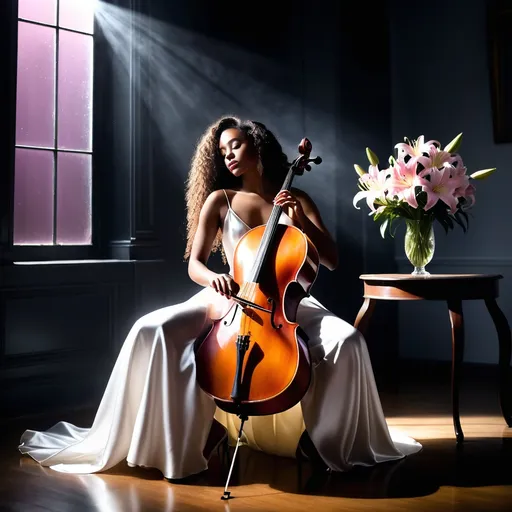Prompt: In a very dark room a young, beautiful black woman wearing a white satin dress with thin straps and long curly hair craft into an elegant hairstyle sitting on a chair playing the cello. Next to her on a round table, there is a crystal vase with a bouquet of pink lilies. The dim gold light from a window softly illuminates her casting a moody atmosphere. Dust particles float in the air and the rainbow lights dancing on the walls from sunlight reflecting from the crystal vase adding to the ethereal ambiance