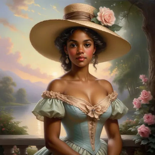 Prompt: a painting of a woman with brown skin in a dress and hat, romanticism painting, beautiful character painting, romantic era painting, by Joyce Ballantyne Brand, thomas kinkade painting, 1 8 5 0 s style painting, romanticist oil painting ”, woman in dress, portrait painting of a princess, painting of beautiful, beautiful fantasy painting, style thomas kinkade