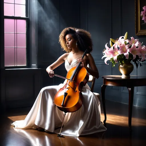Prompt: In a very dark room a young, beautiful black woman wearing a white satin dress with thin straps and long curly hair craft into an elegant hairstyle sitting on a chair playing the cello. Next to her on a round table, there is a crystal vase with a bouquet of pink lilies. The dim gold light from a window softly illuminates her casting a moody atmosphere. Dust particles float in the air and the rainbow lights dancing on the walls from sunlight reflecting from the crystal vase adding to the ethereal ambiance