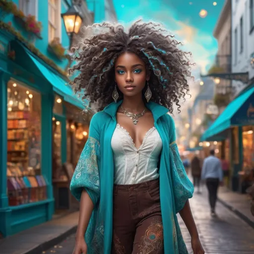 Prompt: Tall young woman walking down the high street, detailed clothing, realistic, (beautiful young black woman), vibrant fantasy style, dark chocolate skin, luxurious white curly/coily hair, striking turquoise eyes, magical atmosphere, enchanting light, whimsical background filled with fantastical elements, lush colors, dreamy vibe, high depth, ultra-detailed, captivating and imaginative composition.