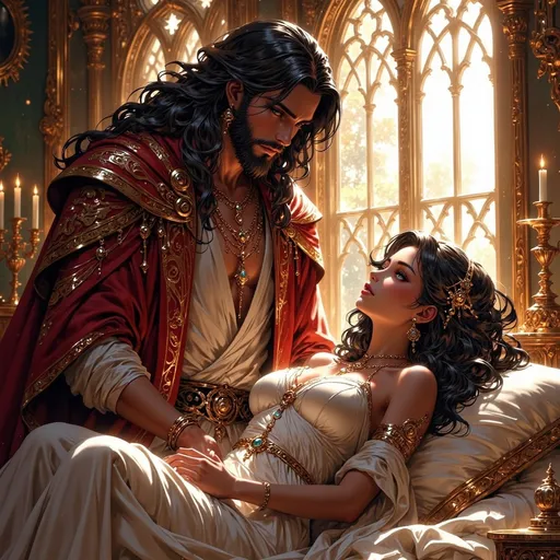 Prompt: In a mystical world, a tall rugged handsome white King with long black hair and beard and deep blue eyes sits on the side of his large bed as he watches contently his belovedbeautiful black Queen with deep brown skin and mass of curly hair sleeps serenely in her silk nightgown. They are in their royal palace bed chambers with the sunlight flooding through the balcont doors. 