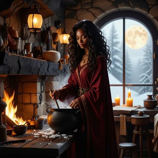 Prompt: In a cozy, dimly lit kitchen, a beautiful black witch stands gracefully by a bubbling cauldron, her long, flowing burgundy robes adorned with mystical symbols rustling softly as she stirs, the color complementing her radiant deep brown skin. The warm glow of flickering candlelight and blazing fire from the fireplace dances against the stone walls, casting enchanting shadows that animate her surroundings. Rich, earthy scents of herbs and spices fill the air, mingling with the sweetness of simmering potions. Outside the window, the moon hangs low, illuminating the gentle snowfall that blankets the world in deep tranquility. A well-worn spellbook lies open on a nearby table, its pages fluttering slightly as if alive with secrets. The scene is infused with a magical realism, rendered in a cinematic lighting style that brings every detail to life.