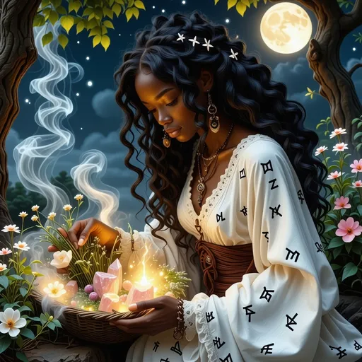 Prompt: In a mystical twilight setting, a beautiful black witch, draped in flowing white robes adorned with intricate silver runes that complements her radiant deep brown skin, gracefully tends to her enchanting witch garden. The air is thick with the scent of herbs and blooming nocturnal flowers, their petals shimmering under the soft glow of a crescent moon. Wisps of ethereal mist curl around her as she gently gathers glistening herbs and luminous crystals, their colors vibrant against the deep indigo sky. Her expressive face, framed by cascading, dark curls, displays a serene yet determined aura, hinting at the power she wields. In the background, ancient trees bend slightly, as though paying homage to her presence. The atmosphere is imbued with a sense of magic and quiet reverence, rendered in cinematic lighting and rich, vibrant colors that capture the enchanting essence of her world.