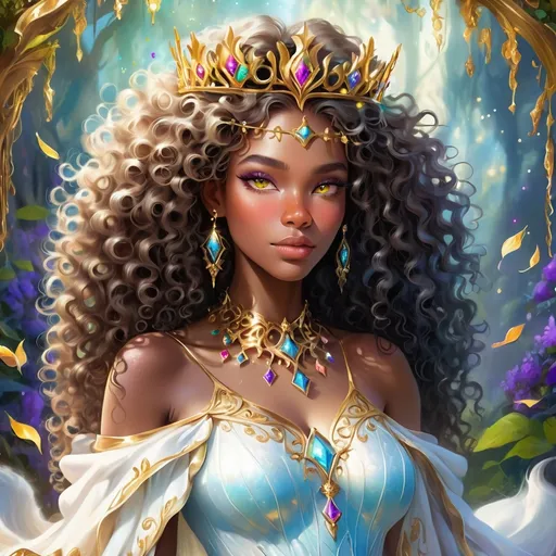 Prompt: (beautiful young black woman), vibrant fantasy style, full body, dark chocolate skin, luxurious white curly/coily hair, striking gold eyes, a crown, magical atmosphere, enchanting light, whimsical background filled with fantastical elements, lush colors, dreamy vibe, high depth, ultra-detailed, captivating and imaginative composition.