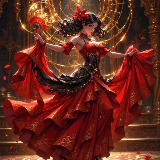 Prompt: A poised dancer, dressed in a vibrant red and black traditional outfit, gracefully holds a decorative fan in one hand while elegantly coordinating her pose. Her striking attire features ruffled details and a fitted corset, enhancing the fluidity of her movements as she leans slightly forward, capturing a moment of passion and rhythm. The background hints at an intimate, warmly lit indoor setting, possibly a rustic Spanish venue, with the presence of wooden stairs that add depth to the scene. The painterly style evokes a dreamy ambiance, utilizing soft brush strokes and rich colors to convey the energy and emotion of flamenco dancing, emphasizing both the character's beauty and the art form's cultural heritage.