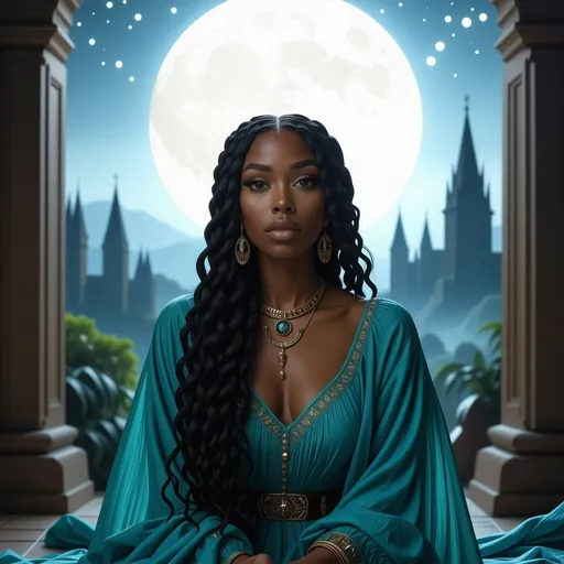 Prompt: Bathed in the ethereal glow of a large, luminous moon, a regal woman sits poised at the foreground, adorned in a flowing, elegant garment in shades of serene teal that accentuates her graceful figure. Her rich, braided hair is elegantly styled, and she wears ornate jewelry that speaks of royalty, forming a striking contrast against her smooth skin. Behind her, an enchanting backdrop features towering, gothic structures draped in a mystic blue light, interspersed with lush greenery, suggesting an otherworldly realm. The composition draws the eye upwards through the archway that frames the scene, emphasizing the moon's dominance in the night sky, while the overall atmosphere conveys a sense of tranquility intertwined with mystery, as if inviting the viewer into a story of ancient lore.