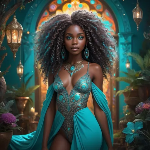 Prompt: (beautiful young black woman), full body, vibrant fantasy style, dark chocolate skin, luxurious white curly/coily hair, striking turquoise eyes, magical atmosphere, enchanting light, whimsical background filled with fantastical elements, lush colors, dreamy vibe, high depth, ultra-detailed, captivating and imaginative composition.