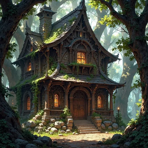 Prompt: Envision a dwelling that emerges gracefully from the heart of an ancient forest, a masterful fusion of sturdy, dark-hewn timber and rugged, unmortared stone, nestled into a natural hollow. Sunlight filters softly through the dense canopy above, casting ethereal patterns on the forest floor, while shafts of golden light illuminate the dwelling’s textured surfaces, enhancing the rich browns and deep grays of the wood and stone. Moss and creeping vines entwine around the structure, as if nature itself is embracing this serene sanctuary. The air is thick with the scent of damp earth and the distant sounds of rustling leaves create a gentle symphony. Consider framing this enchanting scene with cinematic lighting to evoke a sense of tranquility and hidden magic.