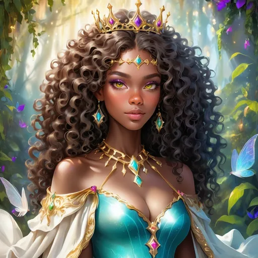 Prompt: (beautiful young black woman), vibrant fantasy style, full body, dark chocolate skin, luxurious white curly/coily hair, striking gold eyes, a crown, magical atmosphere, enchanting light, whimsical background filled with fantastical elements, lush colors, dreamy vibe, high depth, ultra-detailed, captivating and imaginative composition.