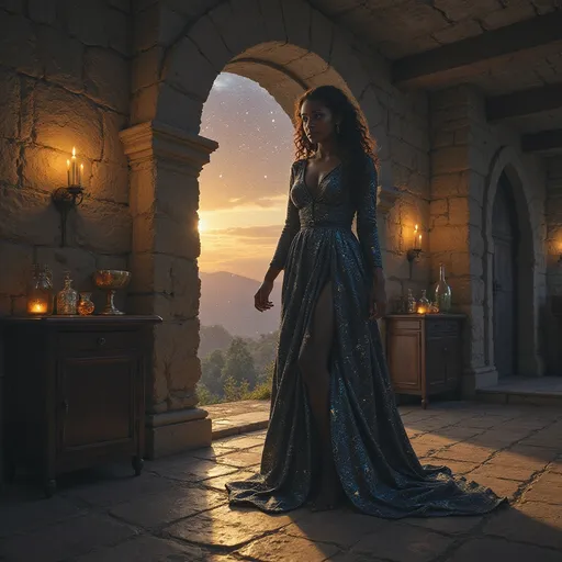 Prompt: Visualize a beautiful black witch, her skin glowing like polished obsidian, stepping gracefully through a shimmering, iridescent portal in her dimly lit basement. The air around her crackles with the energy of magic, dust motes illuminated by the flickering light of enchanted candles lining the stone walls. She wears an elegantly flowing robe adorned with celestial patterns, swirling with shades of midnight blue and silver. Her hair cascades down her shoulders like a waterfall of curls, framing her face, which is set with a confident yet serene expression. The basement itself is filled with arcane artifacts and potion vials, casting shadows that dance in the warm light. Outside the portal, a twilight sky hints at a magical realm, suffusing the scene with an otherworldly glow. This ethereal moment is captured in a dark fantasy concept art style, rich with detail and atmospheric depth.
