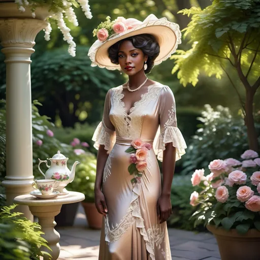 Prompt: woman wearing a tea-gown with a flower-filled tea hat, year 1911. Garden patio. Lace. frills. realistic. 
Dark skinned noble,