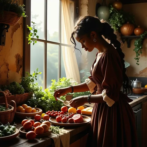 Prompt: In a sun-drenched, old-fashioned Mediterranean kitchen, a poised black gentlewoman prepares to enjoy a small feast set before her on a rustic wooden table. The walls, painted in warm terracotta hues, are adorned with woven baskets and dried herbs, while sunlight pours in through a dusty window, casting soft, golden rays that illuminate her graceful figure. She wears a flowing, elegant dress, its deep burgundy folds highlighted by the light. Her expression is one of serene anticipation as she gently touches the vibrant array of fresh fruits, crusty bread, succulent meats and fragrant cheeses. The faint sound of birds chirping outside adds a harmonious backdrop to this intimate setting. The scene captures a moment of calm luxury, perfect for a cinematic lighting style that enhances the warmth and texture of this serene culinary retreat.