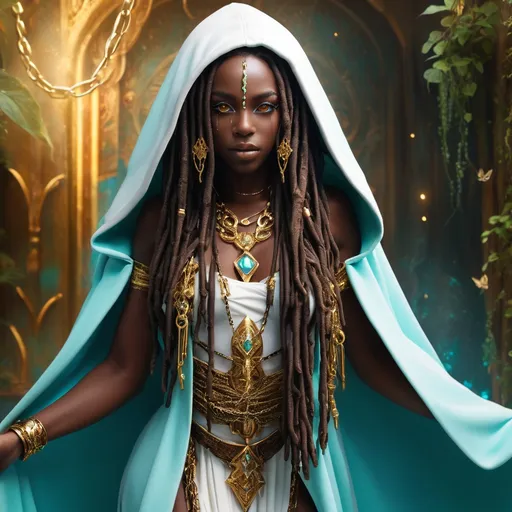 Prompt: (beautiful young black woman), vibrant fantasy style, dark chocolate skin, long luxurious black dread locs wrapped in jeweled chain, striking gold eyes, full body, her hooded robes are flowing white & aqua and have gold embroidery, magical atmosphere, enchanting light, whimsical background filled with fantastical elements, lush colors, dreamy vibe, high depth, ultra-detailed, captivating and imaginative composition.