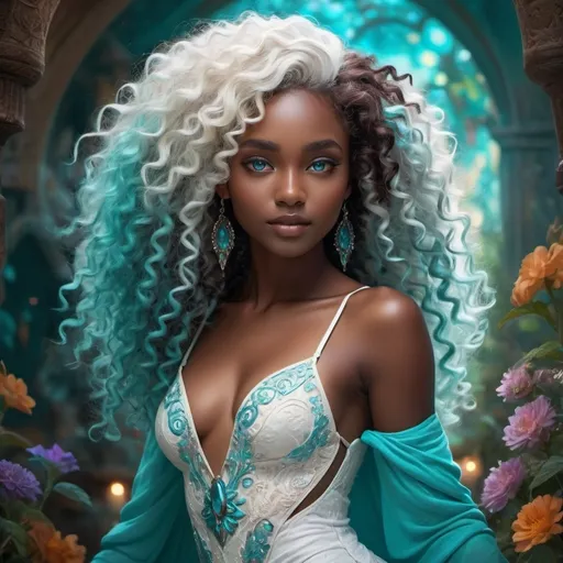 Prompt: Full body, beautiful young woman, vibrant fantasy style, dark chocolate skin, luxurious white curly/coily hair, striking turquoise eyes, magical atmosphere, enchanting light, whimsical background filled with fantastical elements, lush colors, dreamy vibe, high depth, ultra-detailed, captivating and imaginative composition.