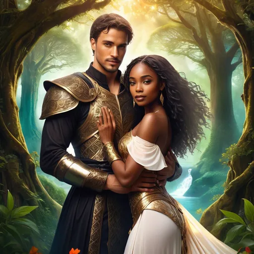 Prompt: A romantic fantasy novel cover featuring a handsome man with noble features and a confident expression, gently holding a stunning Black woman with radiant skin and a graceful pose. They stand amidst a breathtaking, enchanted landscape with glowing flora and mystical light filtering through ancient, towering trees. Both are dressed in intricate fantasy outfits: the man in elegant armor with ornate engravings, the woman in flowing, shimmering robes adorned with delicate gemstones and feathered accents. Soft, magical illumination surrounds them, creating a warm and enchanting atmosphere filled with wonder and intimacy. Rendered in cinematic lighting, photorealistic style with a touch of Dreamy watercolor illustration to evoke fantasy romance and magical allure.